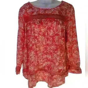 Gap Red Floral Mesh Detail Top Size L